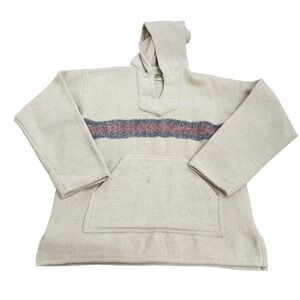 Earth Ragz Baja Hoodie Mens Large Beige Striped Mexican Poncho Pullover 15321